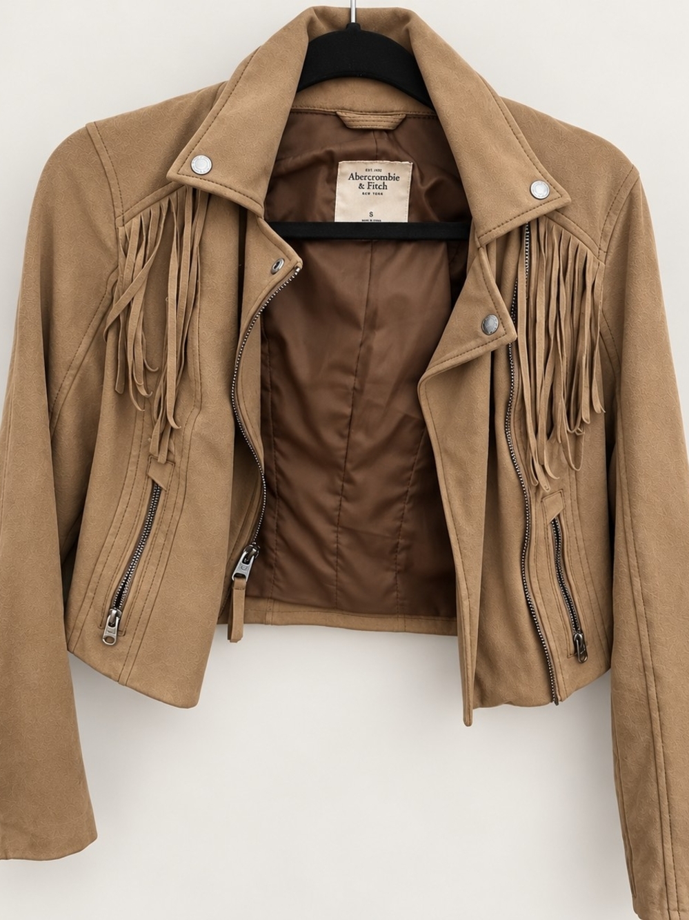 Abercrombie & Fitch Tan Suede Fringe Motorcycle Jacket